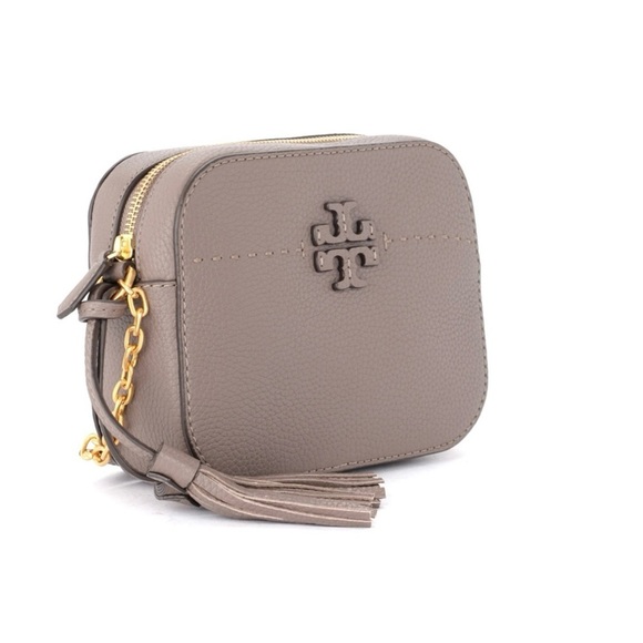 Tory Burch McGraw Camera Bag Silver Maple Taupe Leather Crossbody NWT Sold Out - Picture 3 of 9